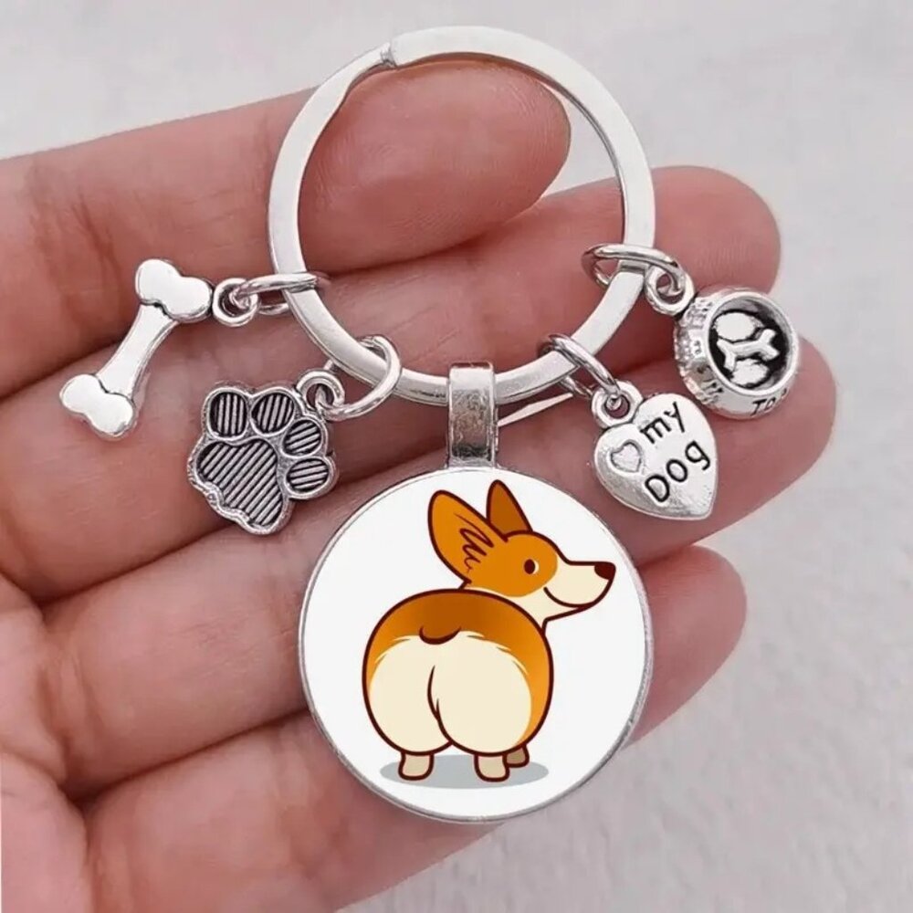 Cute Corgi Dog & Bone Stainless Steel Charm Keychain - animal lover - pets